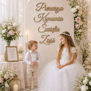 Drewniany napis Pierwsza Komunia Święta + IMIĘ