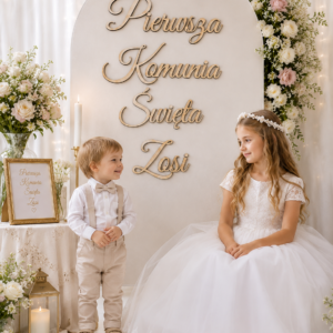 Drewniany napis Pierwsza Komunia Święta + IMIĘ