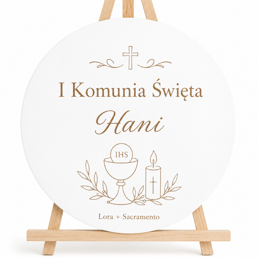 Komunia Święta Dekoracja Sali Tablica Powitalna Koło z Imieniem Grawer